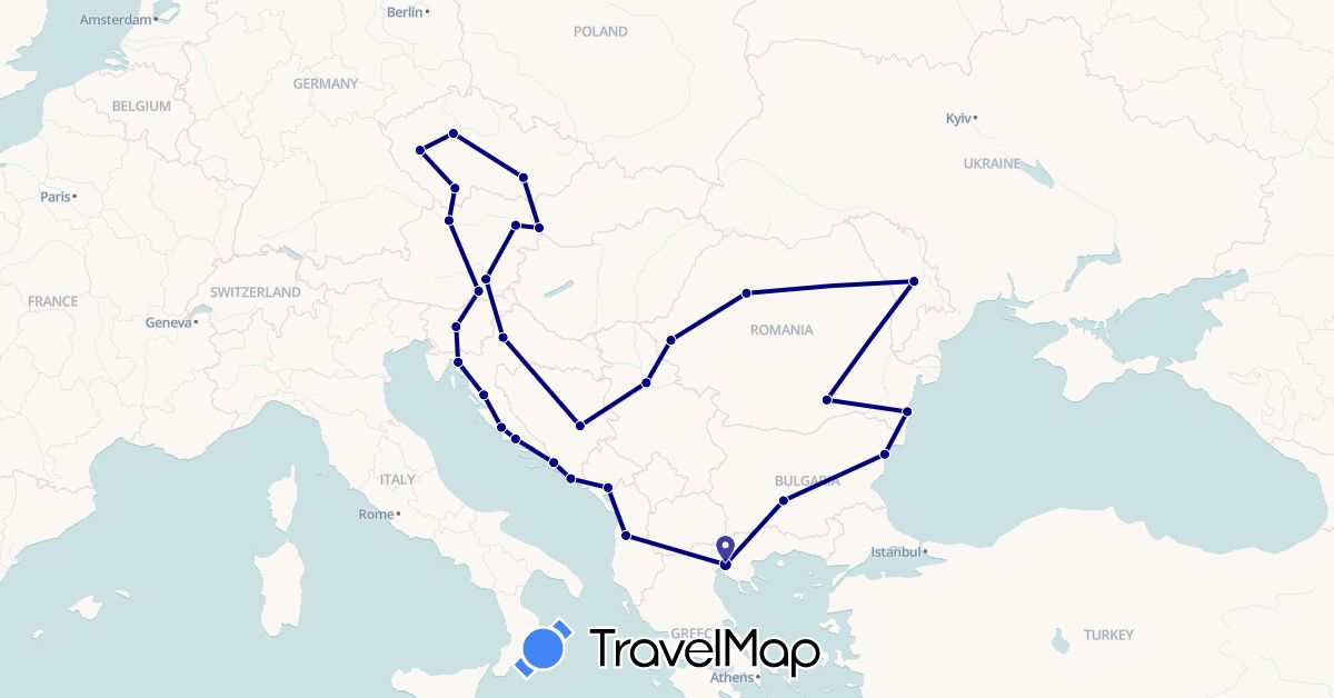 TravelMap itinerary: driving in Albania, Austria, Bosnia and Herzegovina, Bulgaria, Czech Republic, Greece, Croatia, Moldova, Montenegro, Romania, Serbia, Slovenia, Slovakia (Europe)
