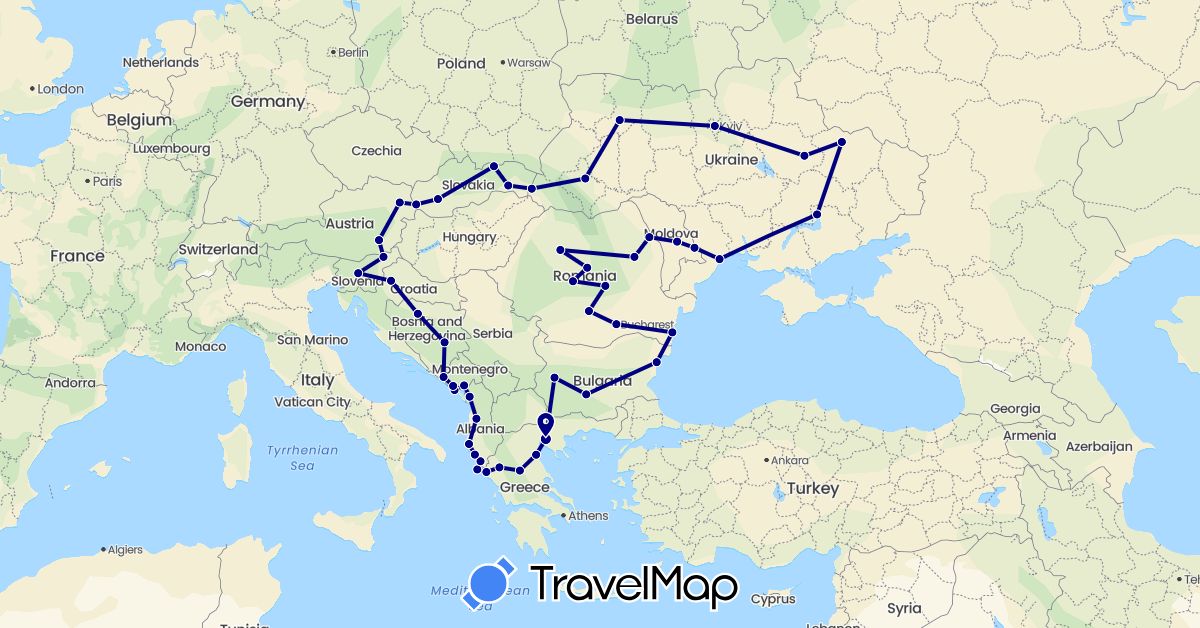 TravelMap itinerary: driving in Albania, Austria, Bosnia and Herzegovina, Bulgaria, Greece, Croatia, Moldova, Montenegro, Romania, Slovenia, Slovakia, Ukraine (Europe)