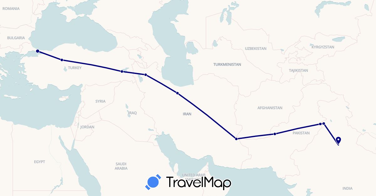 TravelMap itinerary: driving in India, Iran, Pakistan, Turkey (Asia)